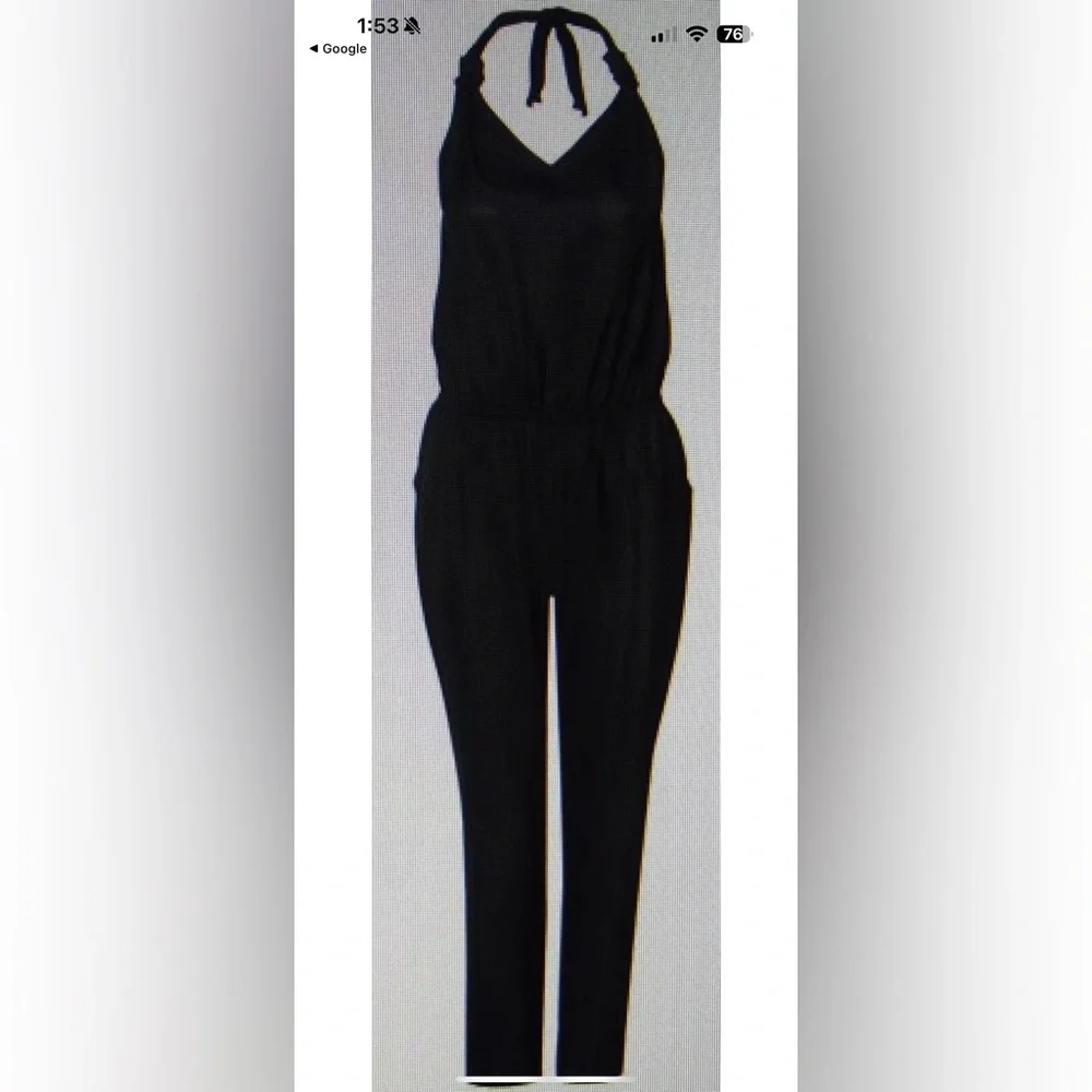 Dex Size X-Small Solid Black Halter Pants Jumpsuit sleeveless v-neck poc… - Picture 4 of 7